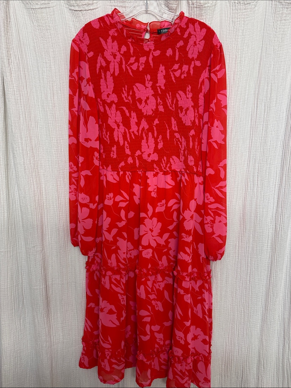 Fashion Red & Pink Floral Long Sleeve lined Tiered Dress